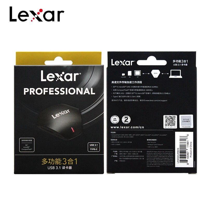100% original lexar usb 3.1-tipo c multi-3 em 1 leitor de cartão de cartão de alta velocidade para cf sd tf leitor de cartão de memória