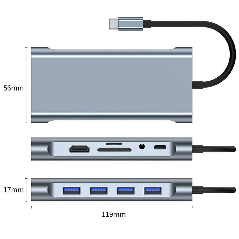 11-em-1 Tipo-c USB 3.0 Hub Multi-Port Laptop Docking Station Tipo C para 4K HDMI VGA PD RJ45 100M Gigabit NIC Adaptador