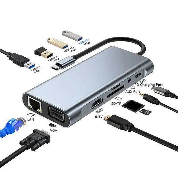 11-em-1 Tipo-c USB 3.0 Hub Multi-Port Laptop Docking Station Tipo C para 4K HDMI VGA PD RJ45 100M Gigabit NIC Adaptador