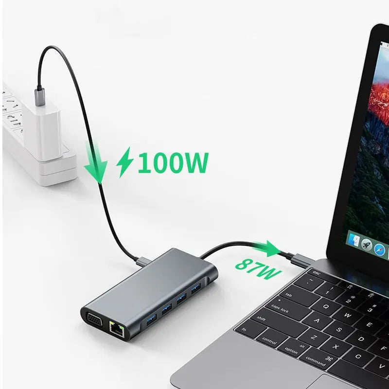 11-em-1 Tipo-c USB 3.0 Hub Multi-Port Laptop Docking Station Tipo C para 4K HDMI VGA PD RJ45 100M Gigabit NIC Adaptador