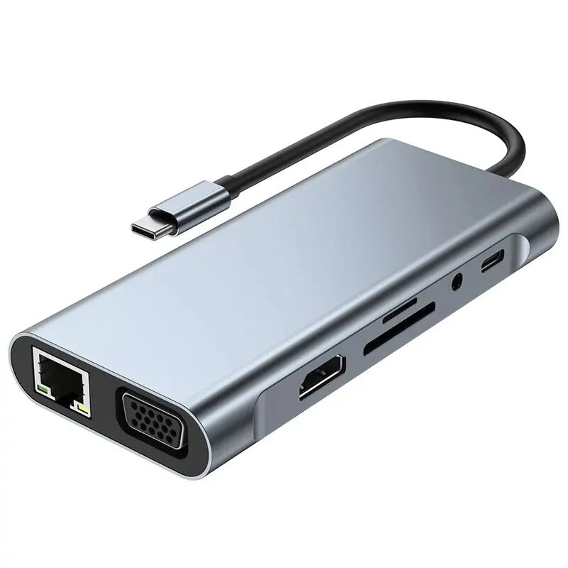 11-em-1 Tipo-c USB 3.0 Hub Multi-Port Laptop Docking Station Tipo C para 4K HDMI VGA PD RJ45 100M Gigabit NIC Adaptador