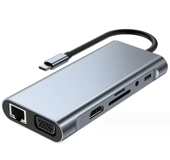 11-em-1 Tipo-c USB 3.0 Hub Multi-Port Laptop Docking Station Tipo C para 4K HDMI VGA PD RJ45 100M Gigabit NIC Adaptador