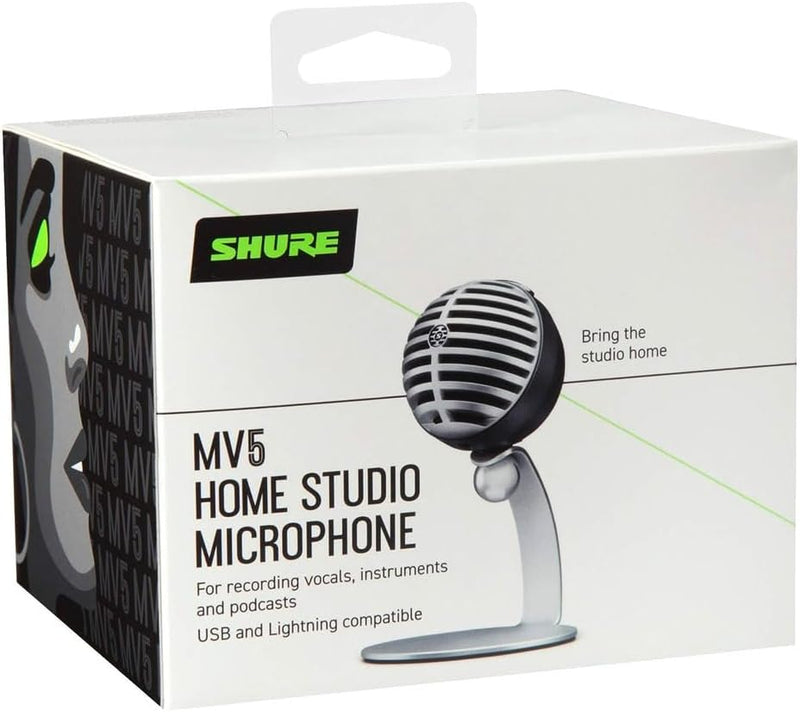 Shure MV5 Digital Condenser Microphone with Cardioid - Plug-and-play with iOS, Mac, PC, Onscreen Control w/ ShurePlus MOTIV Audio App, Includes USB and Lightning Cables (1m each) - Gray w/ Black Foam