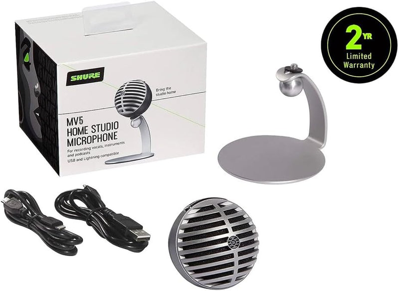Shure MV5 Digital Condenser Microphone with Cardioid - Plug-and-play with iOS, Mac, PC, Onscreen Control w/ ShurePlus MOTIV Audio App, Includes USB and Lightning Cables (1m each) - Gray w/ Black Foam