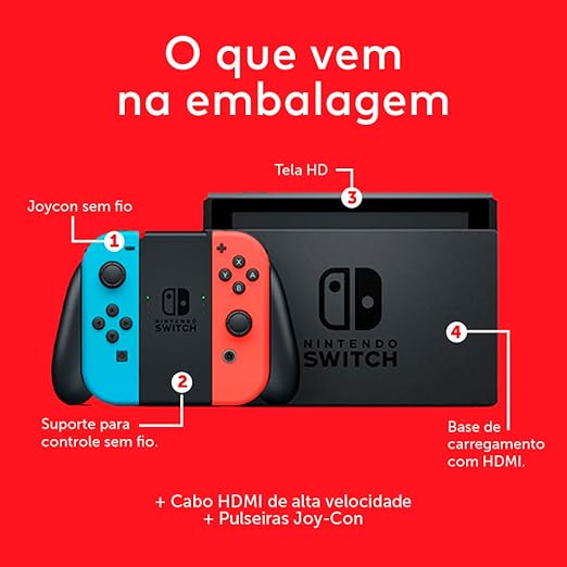 Nintendo, Console, Nintendo Switch, Nacional, V2, Portátil e Doméstico, Bateria de até 9 Horas, Inclui Joy-Con com Suporte e Alças, 1 ano de Garantia, Azul Neon e Vermelho Neon