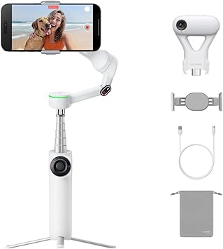 Estabilizador portátil Insta360 Flow 2 Pro White, gimbal dobrável com rastreamento AI 360°, suporte para smartphone e tripé integrado. NCM 96200000