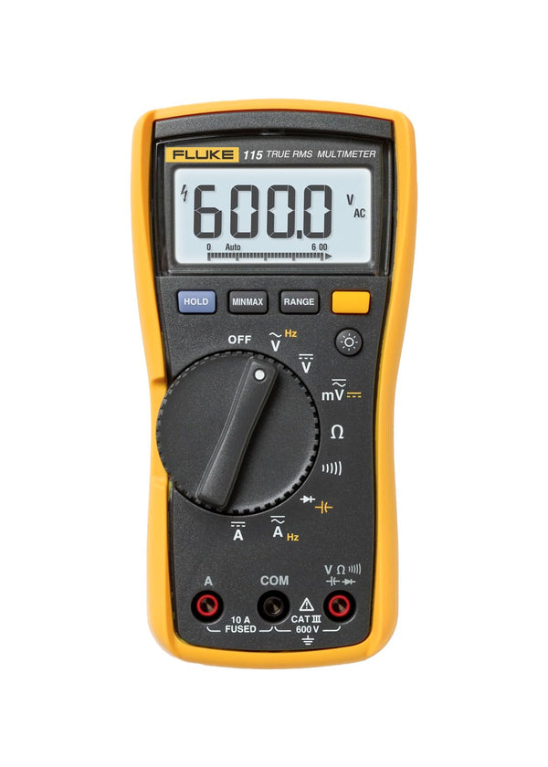 Fluke 115 Digital Multimeter, Measures AC/DC Voltage To 600 V and AC/DC Current to 10 A, Resistance, Continuity, Frequency, and Capacitance, Includes Holster and Silicone Test Lead Set