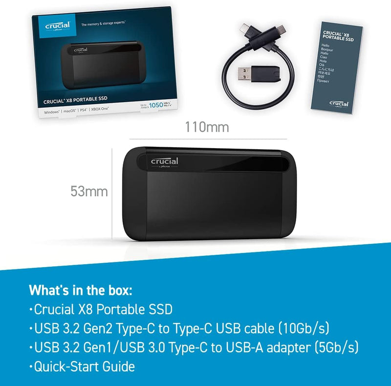 Crucial SSD portátil X8 de 2 TB – até 1050 MB/s – USB 3.2 – Unidade de estado sólido externo, USB-C, USB-A – CT2000X8SSD9, Preto, 2TB