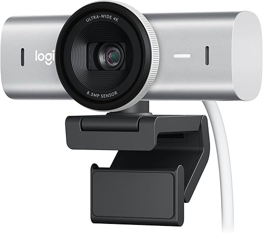 (white/light grey) Logitech MX Brio, várias resoluções, microfones duplos com redução de ruído, modo de exibição, USB-C, capa de webcam, funciona com equipes Microsoft, Zoom, Google Meet - cinza pálido