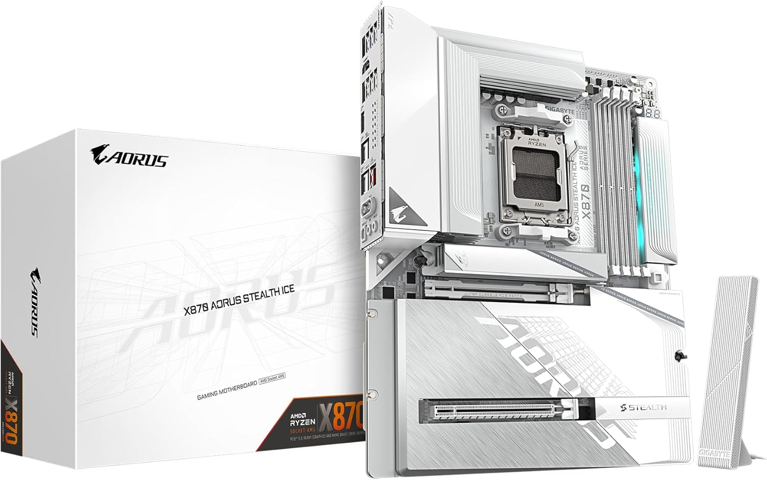 GIGABYTE X870 AORUS Stealth ICE AMD AM5 Motherboard, ATX, DDR5, 4X M.2, PCIe 5.0, 2xUSB-4,USB-C, WIFI7, 5GbE LAN, EZ-Latch