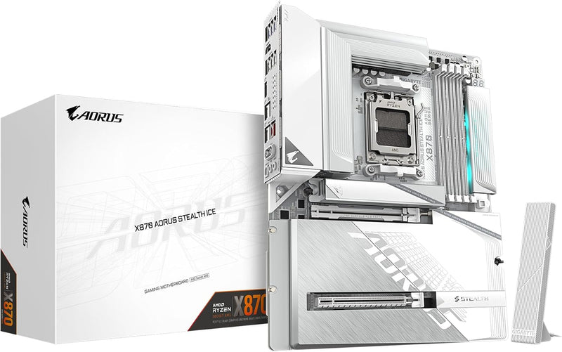 GIGABYTE X870 AORUS Stealth ICE AMD AM5 Motherboard, ATX, DDR5, 4X M.2, PCIe 5.0, 2xUSB-4,USB-C, WIFI7, 5GbE LAN, EZ-Latch