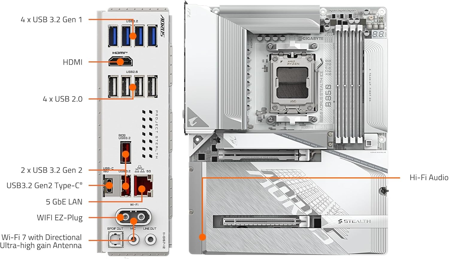 GIGABYTE B850 AORUS STEALTH ICE AMD AM5 Motherboard, ATX, DDR5, 4x M.2, PCIe 5.0, USB-C, WIFI7, 5GbE LAN, EZ-Latch,
