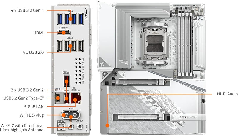 GIGABYTE B850 AORUS STEALTH ICE AMD AM5 Motherboard, ATX, DDR5, 4x M.2, PCIe 5.0, USB-C, WIFI7, 5GbE LAN, EZ-Latch,
