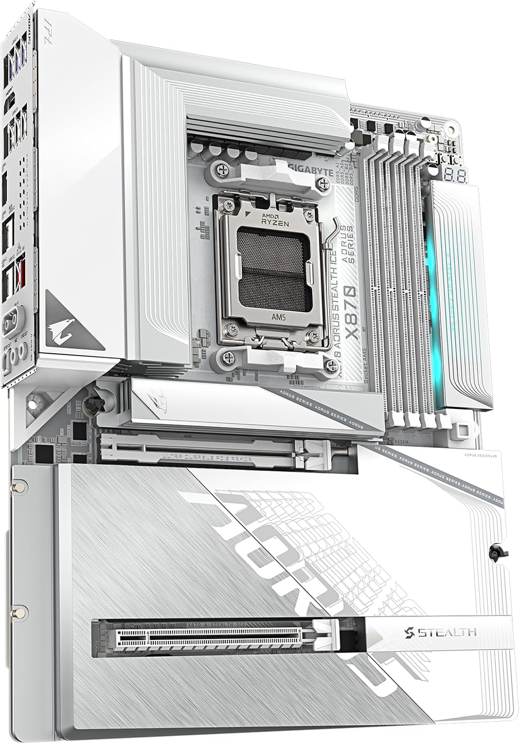 GIGABYTE X870 AORUS Stealth ICE AMD AM5 Motherboard, ATX, DDR5, 4X M.2, PCIe 5.0, 2xUSB-4,USB-C, WIFI7, 5GbE LAN, EZ-Latch