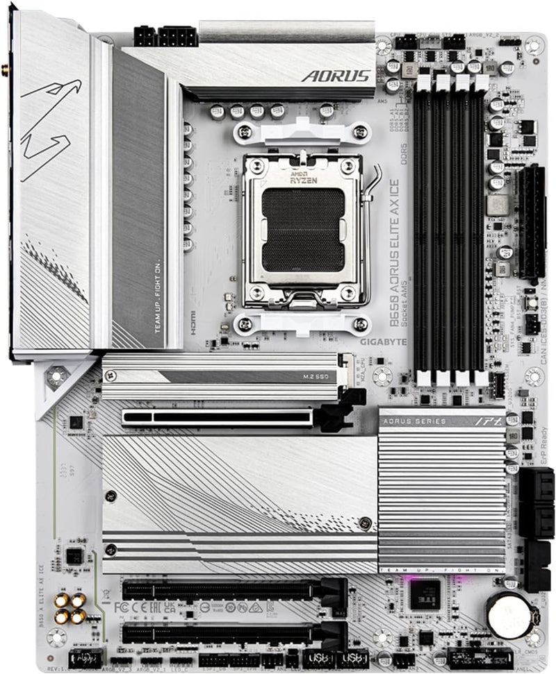 GIGABYTE B650 AORUS Elite AX ICE (AM5/ LGA 1718/ AMD/ B650/ ATX/ 5-Year Warranty/ DDR5/ Triple M.2/ PCIe 5.0/ USB 3.2 Gen2X2 Type-C/WiFi 6E/ 2.5GbE LAN/Snow White/EZ-Latch/Motherboard)