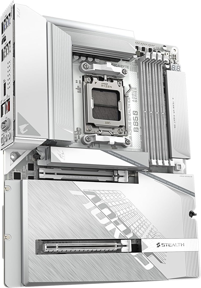 GIGABYTE B850 AORUS STEALTH ICE AMD AM5 Motherboard, ATX, DDR5, 4x M.2, PCIe 5.0, USB-C, WIFI7, 5GbE LAN, EZ-Latch,