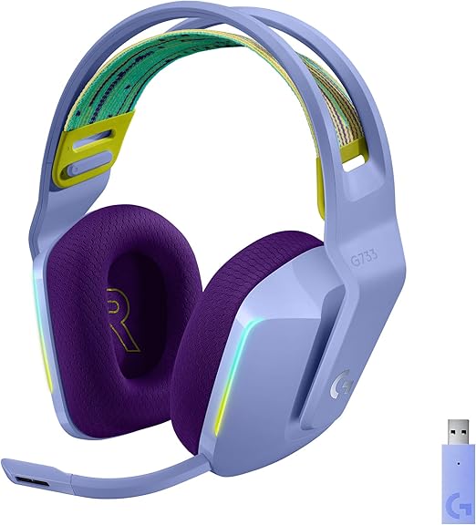 Headset Gamer Sem Fio Logitech G733 7.1 Dolby Surround com Tecnologia Blue VO!CE, RGB LIGHTSYNC, Drivers de Áudio Avançados e Bateria Recarregável para PC e PlayStation - Lilás