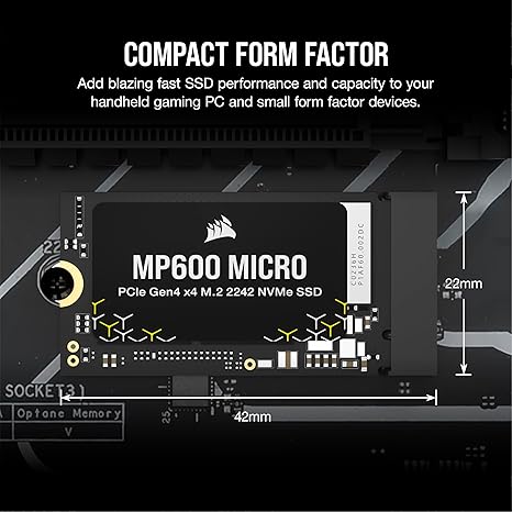Corsair MP600 Micro 2TB M.2 NVMe PCIe x4 Gen4 SSD – M.2 2242 – Up to 7,000MB/sec Sequential Read – High-Density 3D TLC NAND – Compatible with Lenovo Legion Go and Thin PCIe 4.0 Laptops – Black