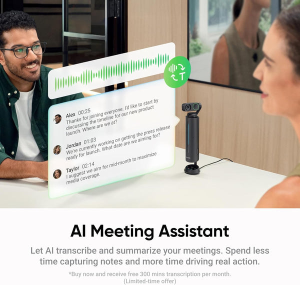 Insta360 WaveLink Bundle – Viva-voz com IA, Bluetooth, Gravador de Voz, 8 Microfones com Cancelamento de Ruído e Beamforming, Transcrição e Resumo por IA, Suporte a 99 Idiomas, Armazenamento de 32GB, Ideal para Reuniões e Podcasts