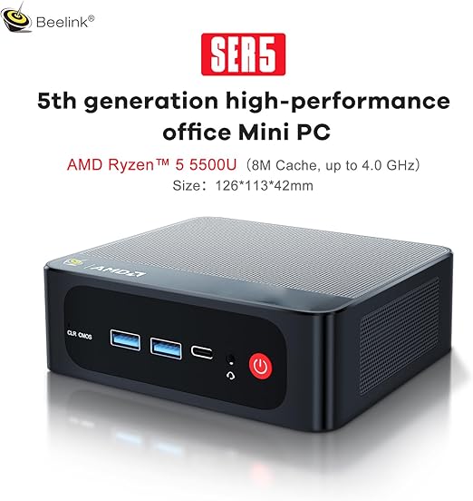 Beelink SER5 Mini PC, AMD Ryzen 5 5500U (até 4.0GHz) 6C/12T, Mini Computador 32GB DDR4 RAM 500GB NVMe SSD, Mini Computador Desktop 4K @60Hz Dual Display HDMI e DP WiFi6/BT5.2/WOL/HTPC/W-11 Pro
