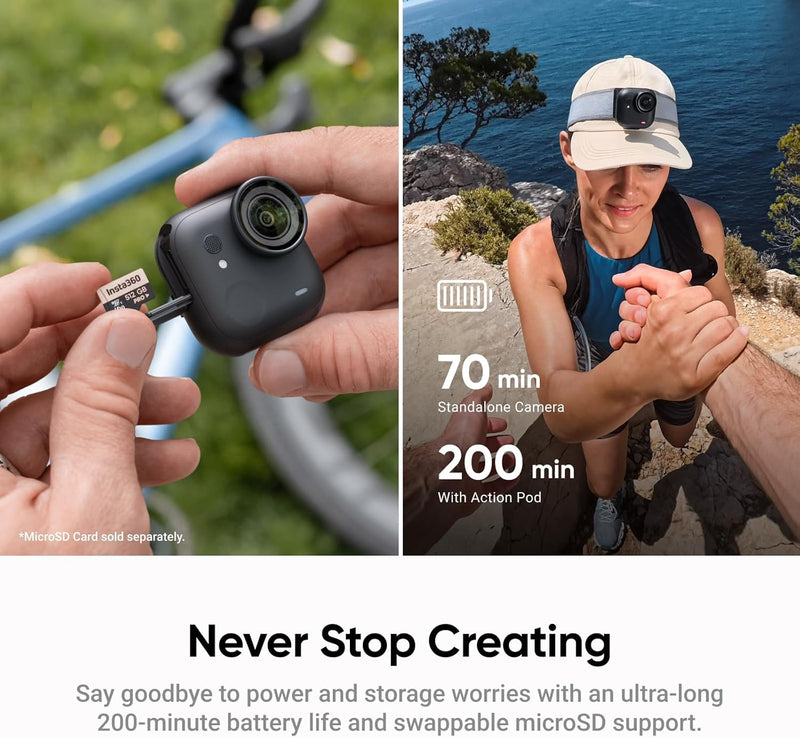 Insta360 GO Ultra Standard Bundle Midnight Black - Tiny Hands-Free 4K Cam, Lightweight & Portable, Low Light Excellence, Mount Anywhere, FlowState Stabilization, 200 Min Battery Life