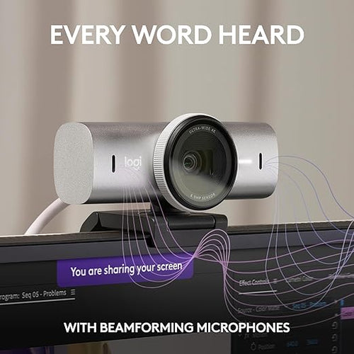 (white/light grey) Logitech MX Brio, várias resoluções, microfones duplos com redução de ruído, modo de exibição, USB-C, capa de webcam, funciona com equipes Microsoft, Zoom, Google Meet - cinza pálido
