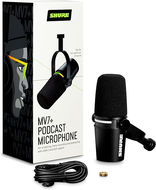 Shure Microfone dinâmico MV7+ Podcast. Certificado OBS, áudio aprimorado, painel de toque de LED, saídas USB-C e XLR, modo de nível automático, filtro pop digital, efeitos de reverberação, podcast,