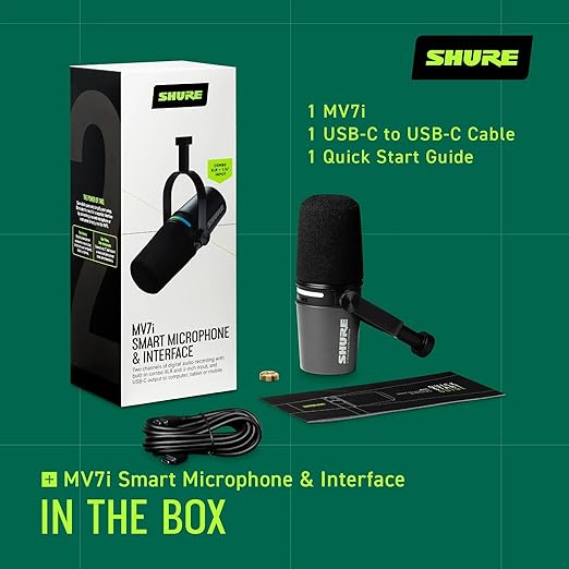Shure Microfone inteligente MV7i com interface de áudio integrada – Podcast e microfone de músico com 2 canais, XLR e 1/10.2 cm, USB-C para Mac/PC/telefone, recursos DSP avançados, design totalmente
