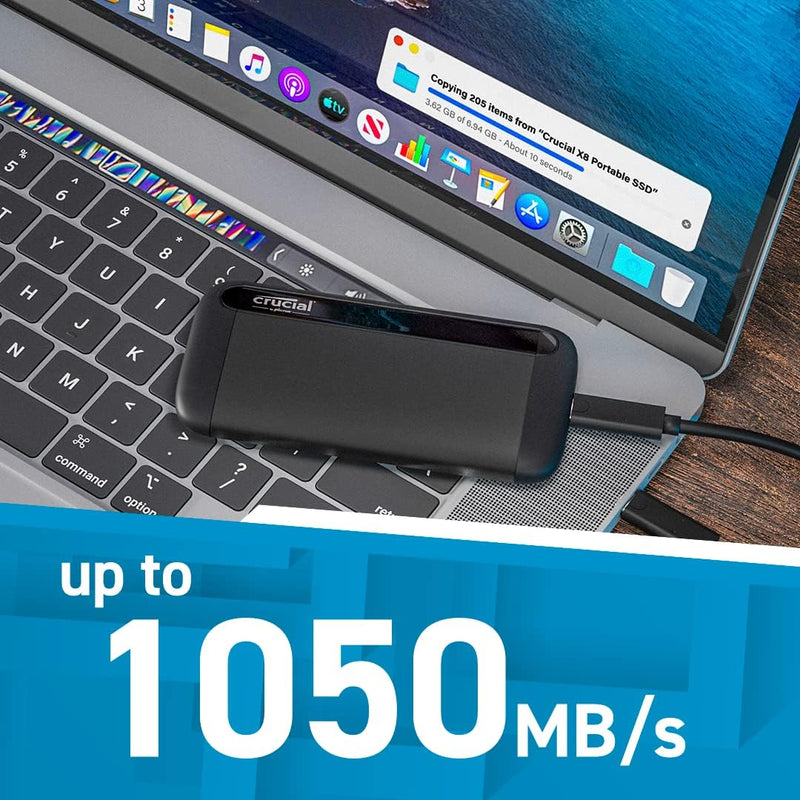 Crucial SSD portátil X8 de 2 TB – até 1050 MB/s – USB 3.2 – Unidade de estado sólido externo, USB-C, USB-A – CT2000X8SSD9, Preto, 2TB