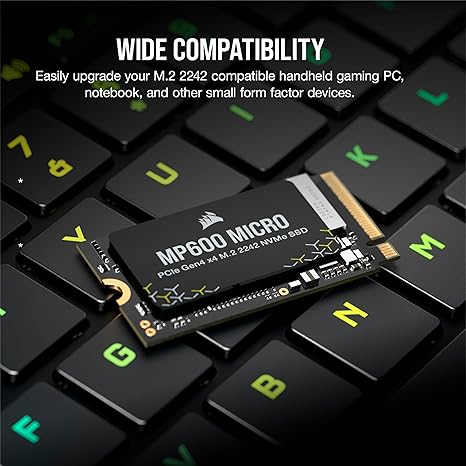 Corsair MP600 Micro 2TB M.2 NVMe PCIe x4 Gen4 SSD – M.2 2242 – Up to 7,000MB/sec Sequential Read – High-Density 3D TLC NAND – Compatible with Lenovo Legion Go and Thin PCIe 4.0 Laptops – Black