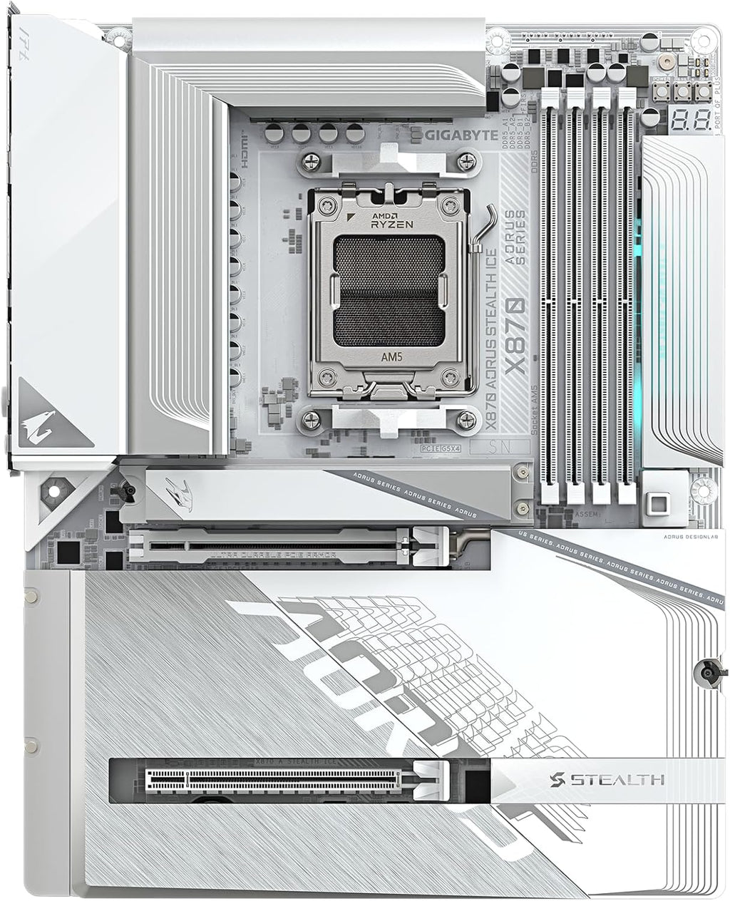 GIGABYTE X870 AORUS Stealth ICE AMD AM5 Motherboard, ATX, DDR5, 4X M.2, PCIe 5.0, 2xUSB-4,USB-C, WIFI7, 5GbE LAN, EZ-Latch