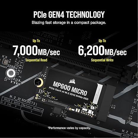 Corsair MP600 Micro 2TB M.2 NVMe PCIe x4 Gen4 SSD – M.2 2242 – Up to 7,000MB/sec Sequential Read – High-Density 3D TLC NAND – Compatible with Lenovo Legion Go and Thin PCIe 4.0 Laptops – Black