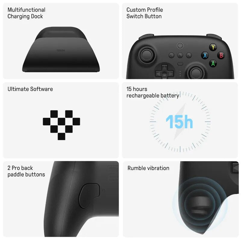 8BitDo - Ultimate Wireless Gaming Controller, 2.4G, doca de carregamento, PC, Windows 10, 11, Steam Deck, Android, iPhone, iPad