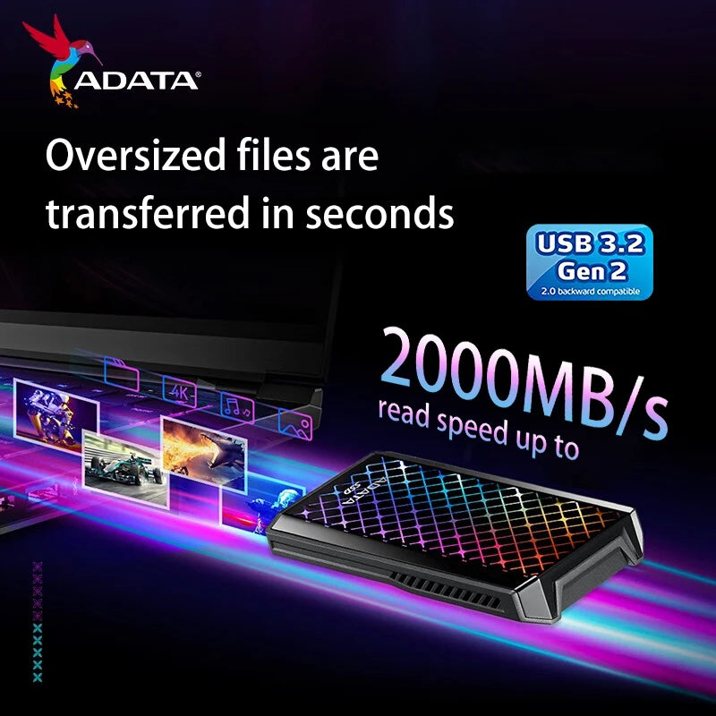 ADATA-Disco Rígido SSD Externo para PS5, Unidade de Estado Sólido, Memória, Nova Chegada, SE900G, PSSD, RGB, 512 GB, 1TB, 2TB, Tipo-C