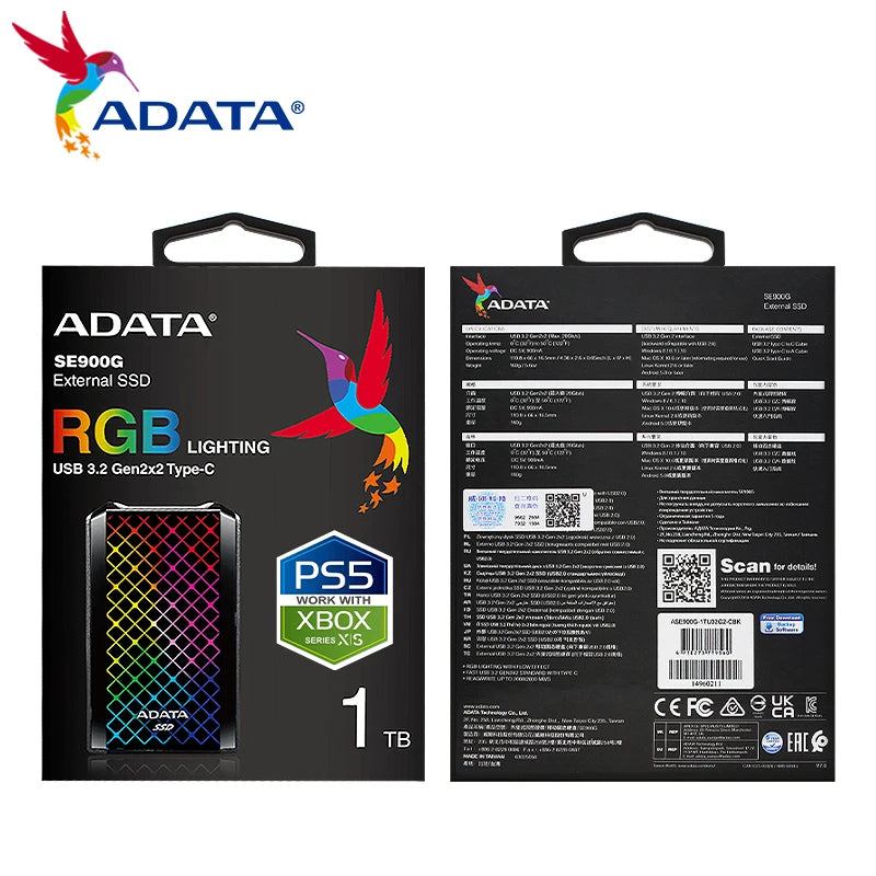 ADATA-Disco Rígido SSD Externo para PS5, Unidade de Estado Sólido, Memória, Nova Chegada, SE900G, PSSD, RGB, 512 GB, 1TB, 2TB, Tipo-C
