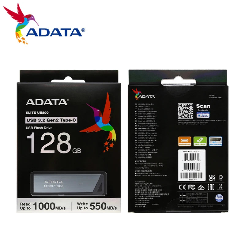 ADATA ELITE-USB Type C Pendrive, Flash Disk Stick para PC, Original, UE800, 128GB, 256GB, 512GB, 1TB, 3.2 Gen 2