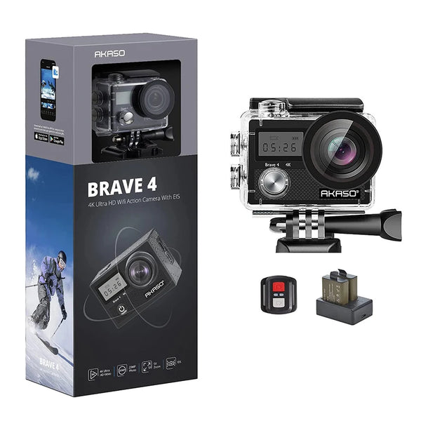 AKASO-Brave 4 Câmara de Vídeo Subaquática, Controlo Remoto, Zoom 5X, Ultra HD, 20MP, 30M, 2 Baterias, 4K