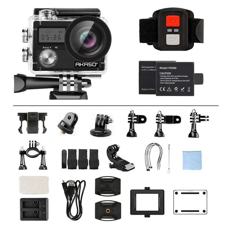 AKASO-Brave 4 Câmara de Vídeo Subaquática, Controlo Remoto, Zoom 5X, Ultra HD, 20MP, 30M, 2 Baterias, 4K