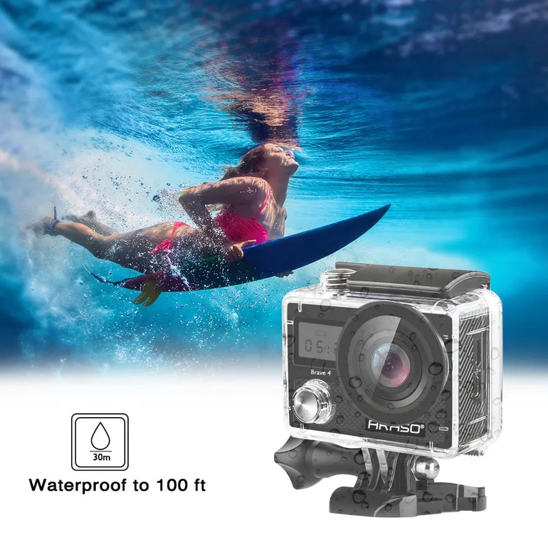 AKASO-Brave 4 Câmara de Vídeo Subaquática, Controlo Remoto, Zoom 5X, Ultra HD, 20MP, 30M, 2 Baterias, 4K