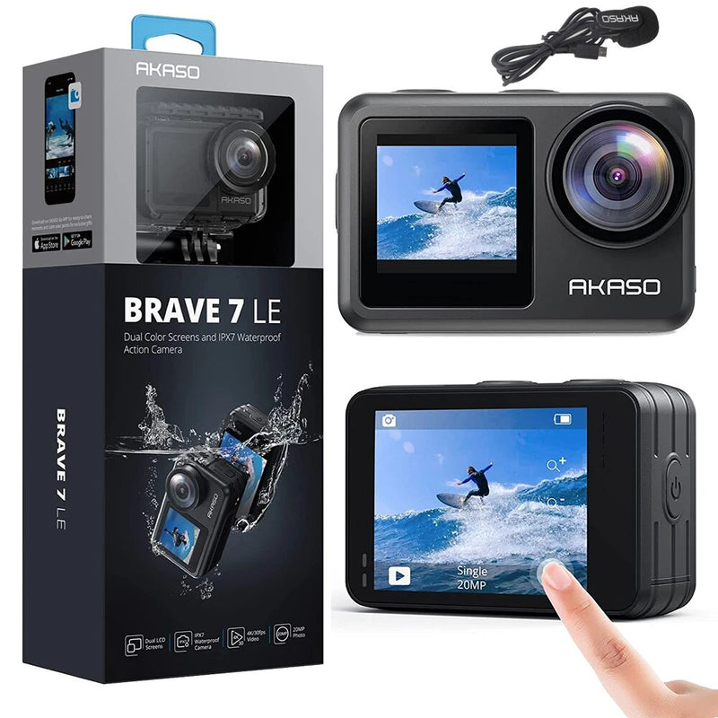 AKASO-Câmara subaquática Brave 7 LE, 4K 30FPS, Câmara desportiva de 20MP, Ecrã táctil, EIS 2.0, Controlo remoto, 131 pés