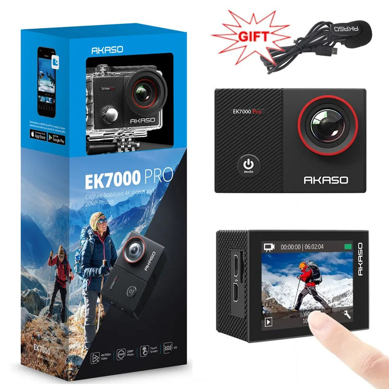 AKASO-Câmera de ação impermeável com controle remoto, AKASO EK7000 Pro, Câmera subaquática de 20MP, 4K, Tela sensível ao toque, 40m