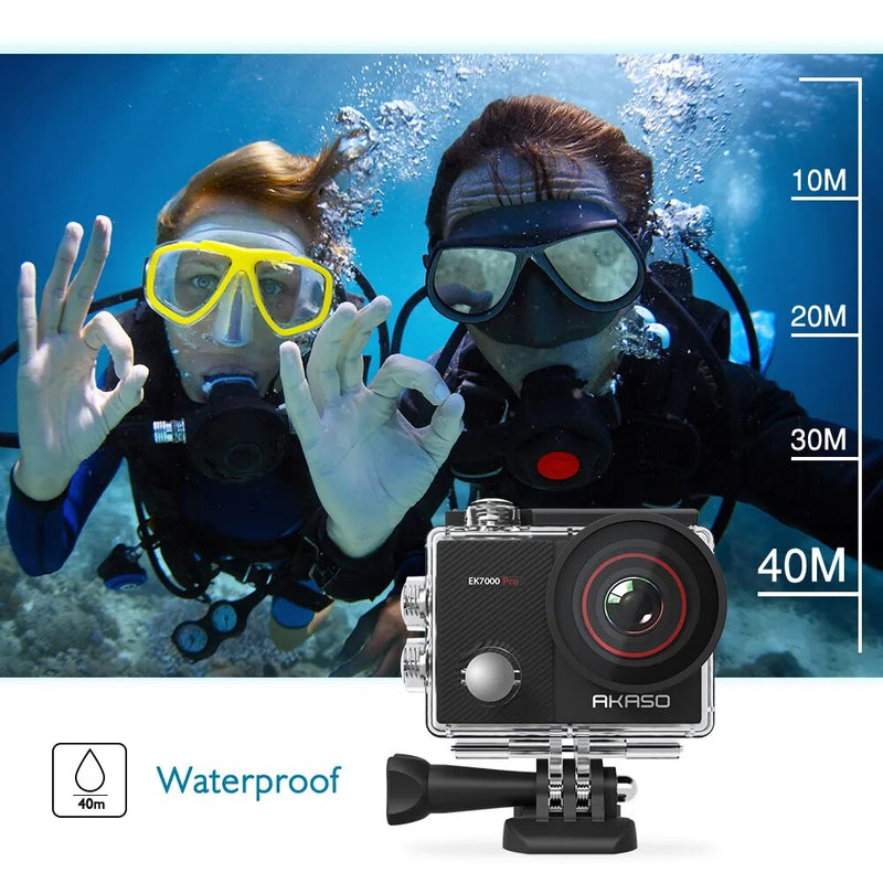AKASO-Câmera de ação impermeável com controle remoto, AKASO EK7000 Pro, Câmera subaquática de 20MP, 4K, Tela sensível ao toque, 40m