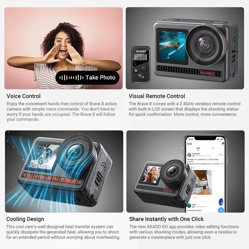 AKASO-Câmera de ação à prova d'água Brave 8, Câmera esportiva com tela dupla, 20MP SuperSmooth Vlog, Corpo 10m, 4K 60fps