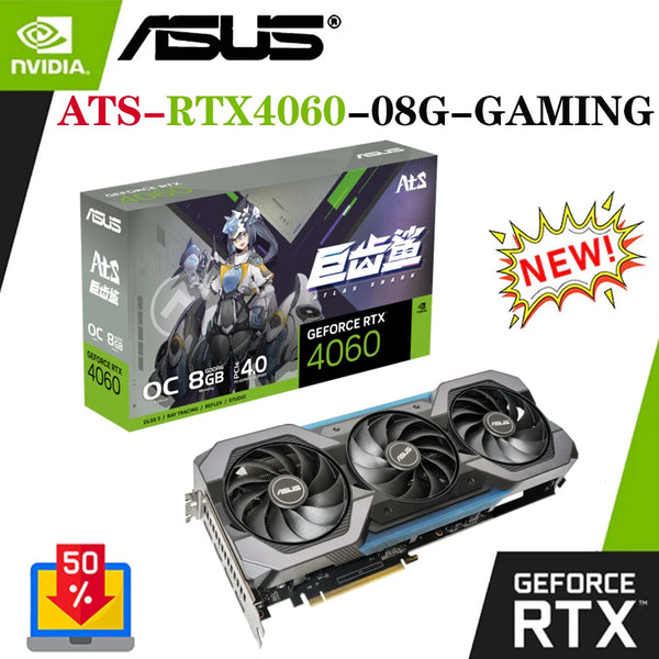 ASUS-ATS-RTX4060-O8G Placa Gráfica Gaming, 17000MHz, GDDR6, Overlocking Fans Triplo, 128bit, 8Pin, PCI-E 4.0, Série RTX 40, Placa de Vídeo
