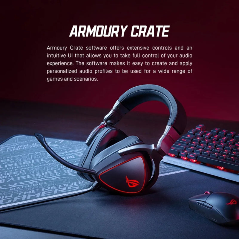 ASUS-ROG Delta RGB Elite Edition Headset Jogo Microfone, Redução de Ruído, Linha Virtual, 7.1 Canais, Efeito Lâmpada Respiração Removível