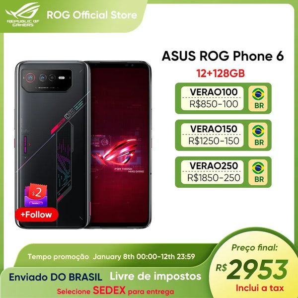 ASUS-ROG Phone 6 Smartphone Gaming, Rom Global, 5G, Snapdragon 8 Plus, Gen 1, 6,78 ", 165Hz, Tela E-Sports, 65W, 6000mAh ,ROG Phone 6 ,PRODUTO LOCAL,Enviado DO BRASIL,Livre de impostos,3-10 dias de entrega，SEDEX enviar