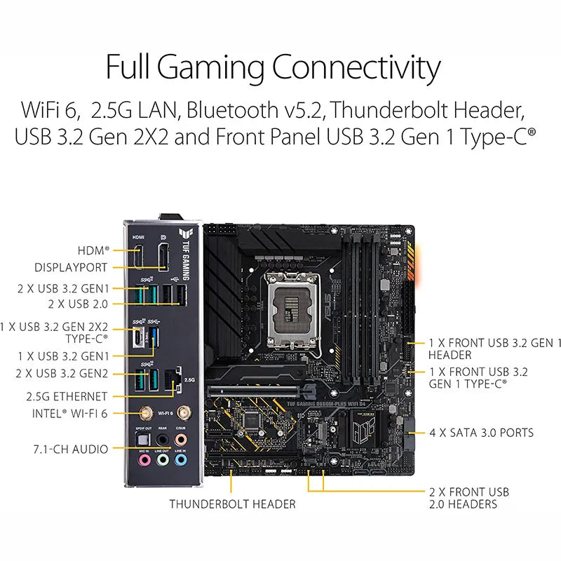 ASUS-TUF Gaming Motherboard, B660M-PLUS, WiFi, D4, mATX, Intel B660, 5333 + OC, 128G, USB 3.2, SATA M.2, Suporte 12, 13 Gen, LGA 1700, CPU, Novo