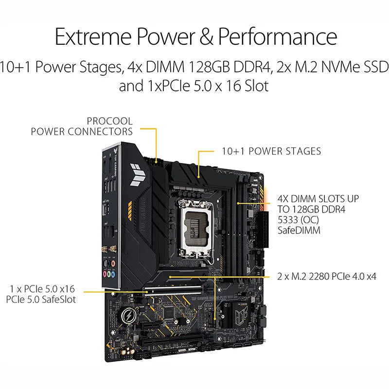 ASUS-TUF Gaming Motherboard, B660M-PLUS, WiFi, D4, mATX, Intel B660, 5333 + OC, 128G, USB 3.2, SATA M.2, Suporte 12, 13 Gen, LGA 1700, CPU, Novo