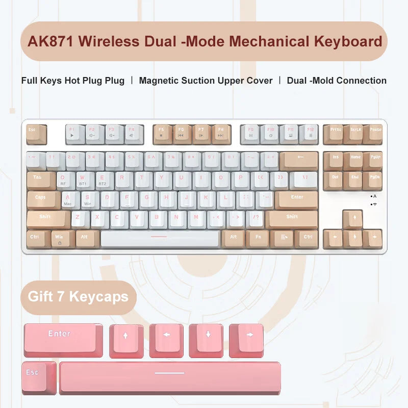 Ajazz-Teclado Gaming Mecânico, Hot Swappable, 87 Chaves, Sem Fio, 2.4g, Ergonômico, Hot Swap, Escritório, PC Gamer, AK871