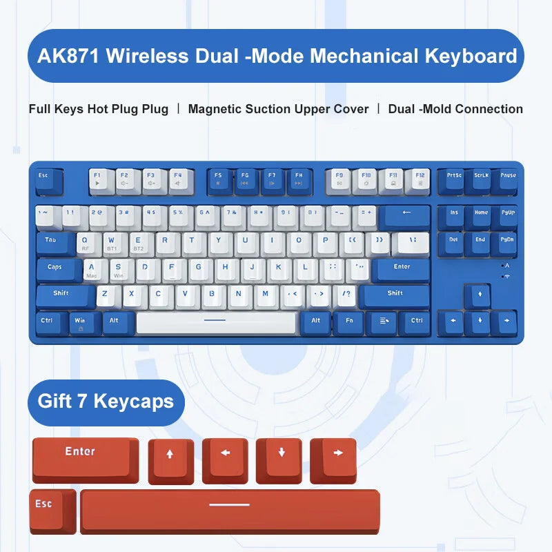 Ajazz-Teclado Gaming Mecânico, Hot Swappable, 87 Chaves, Sem Fio, 2.4g, Ergonômico, Hot Swap, Escritório, PC Gamer, AK871